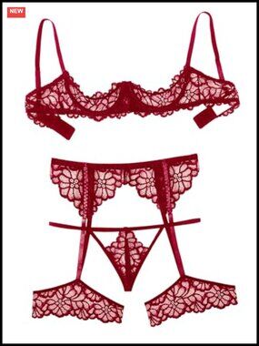 3 Piece Lace Teddy Babydoll Lingerie Set with Garter Belt